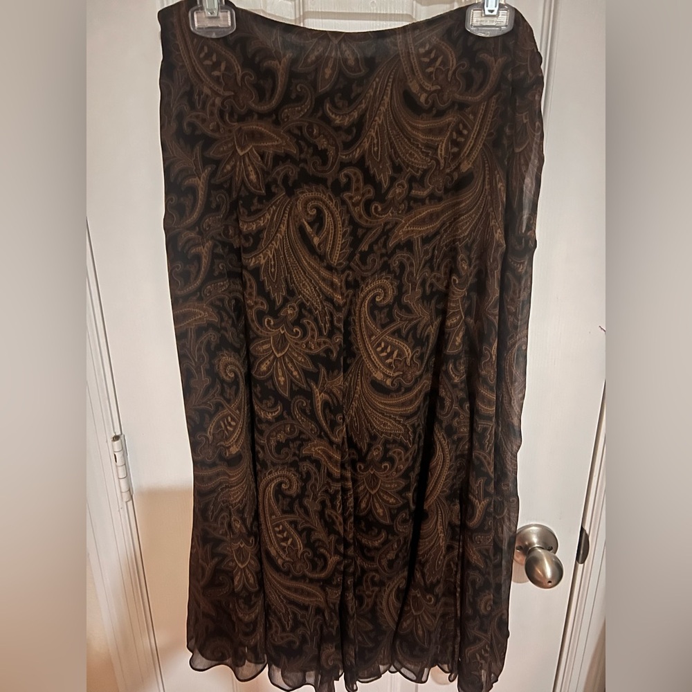 Lauren Ralph Lauren 14W 100%Silk Brown Paisley Midi Skirt EUC - Picture 7 of 7